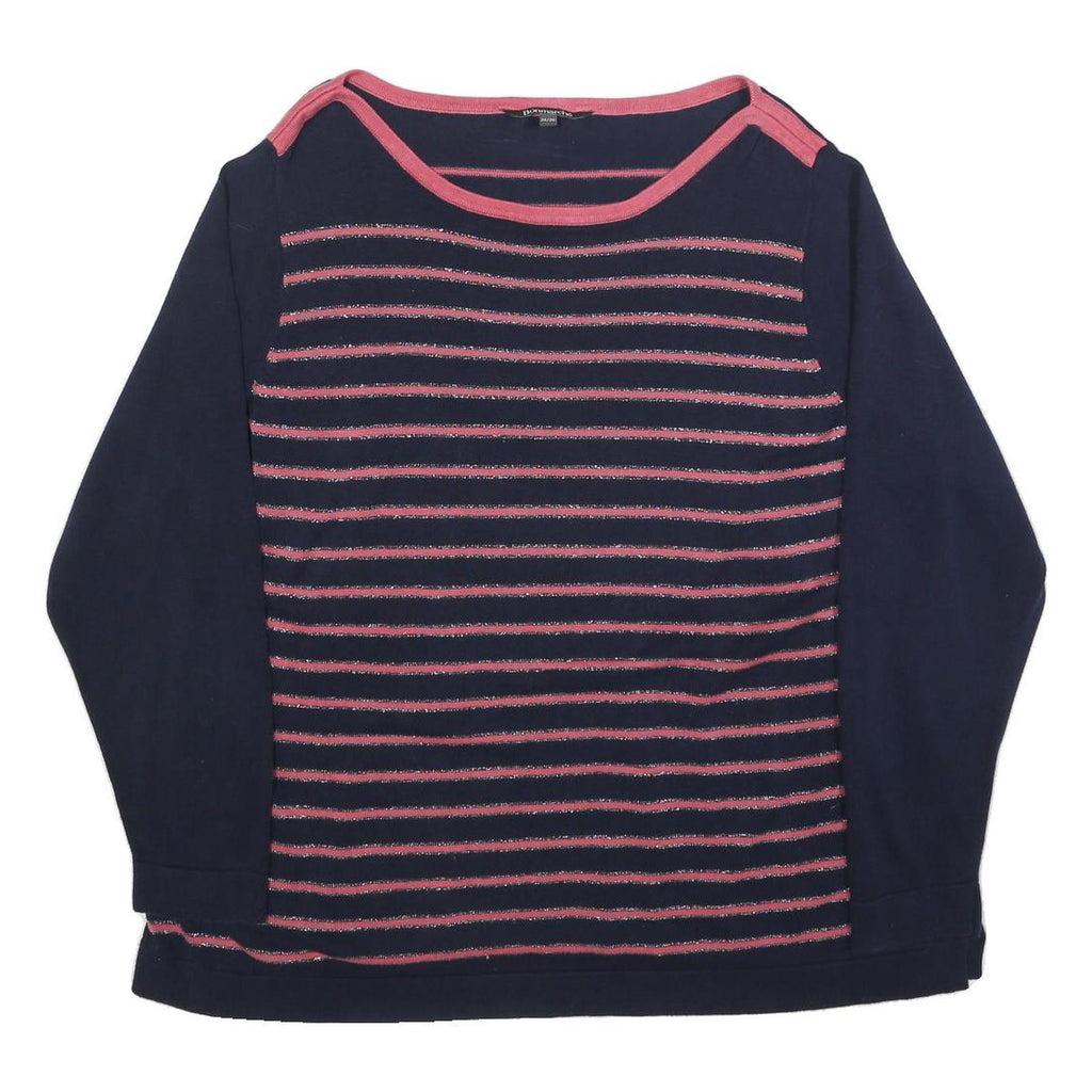 BONMARCHE Womens Navy Blue & Pink Striped Plain Jumper Round Neck Basic Knit 2XL
