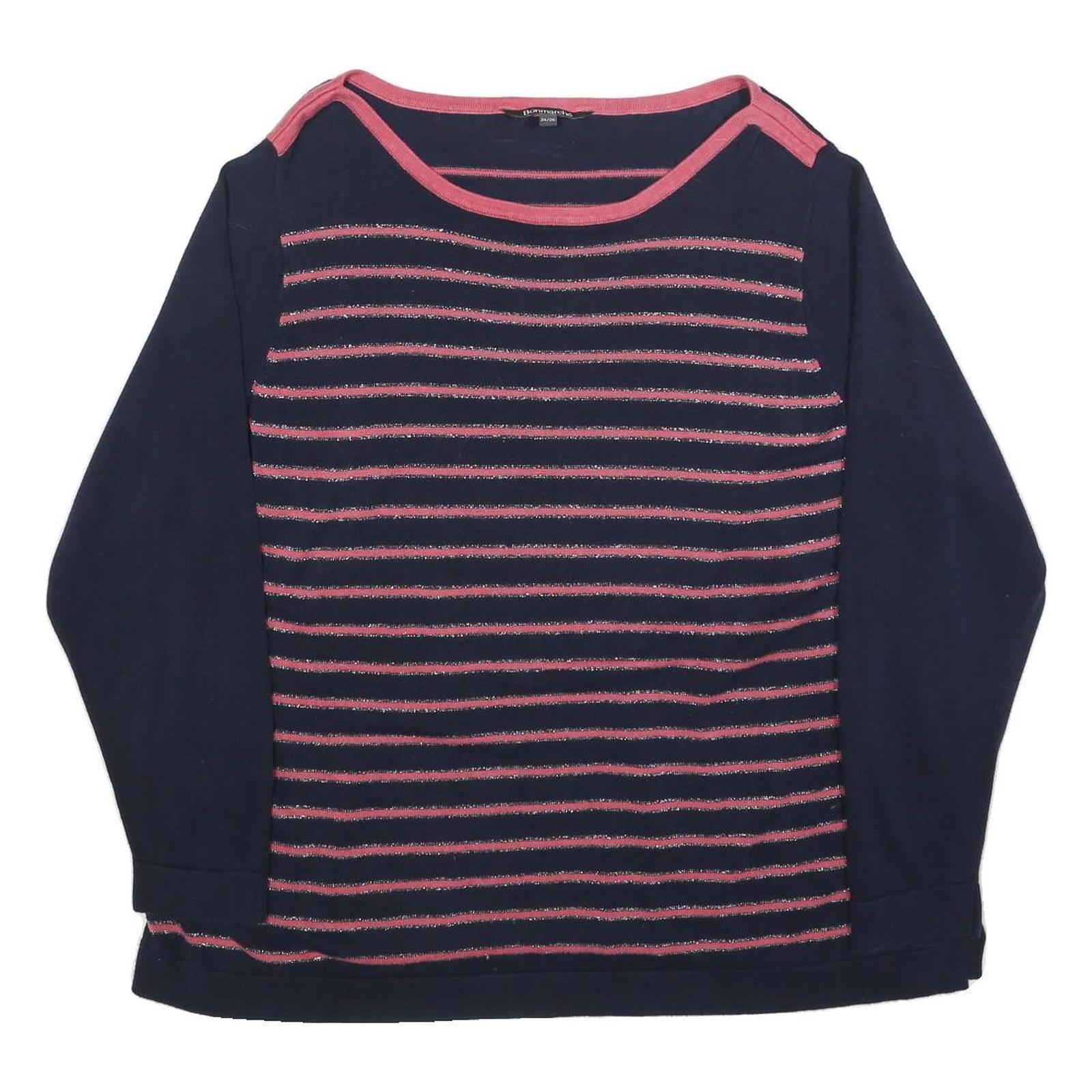 BONMARCHE Womens Navy Blue & Pink Striped Plain Jumper Round Neck Basic Knit 2XL