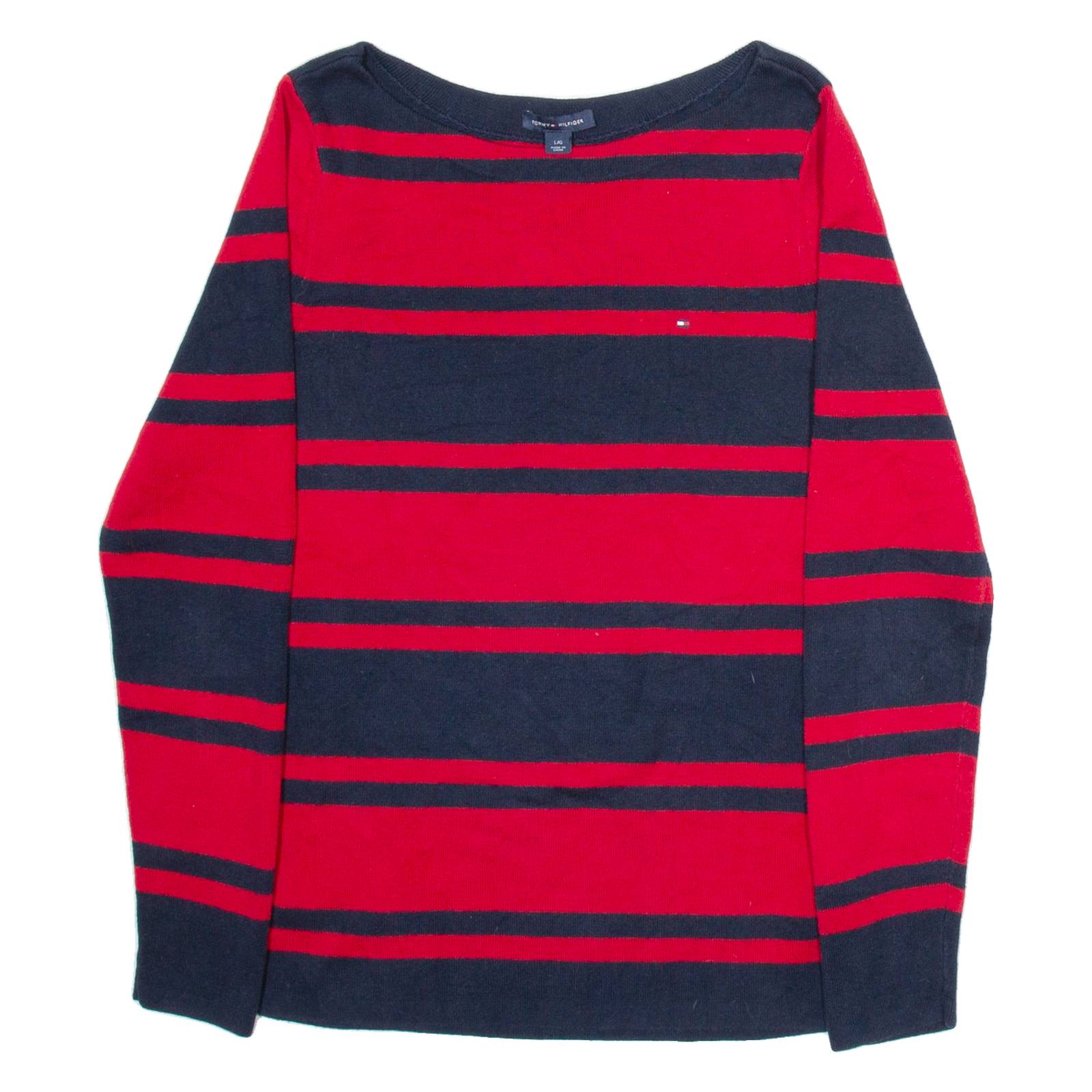 TOMMY HILFIGER Womens Patterned Jumper Red Striped Tight Knit L