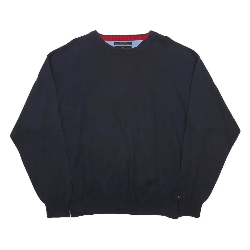 TOMMY HILFIGER Mens Navy Blue Plain Crew Neck Basic Knit Jumper XL Cotton Casual