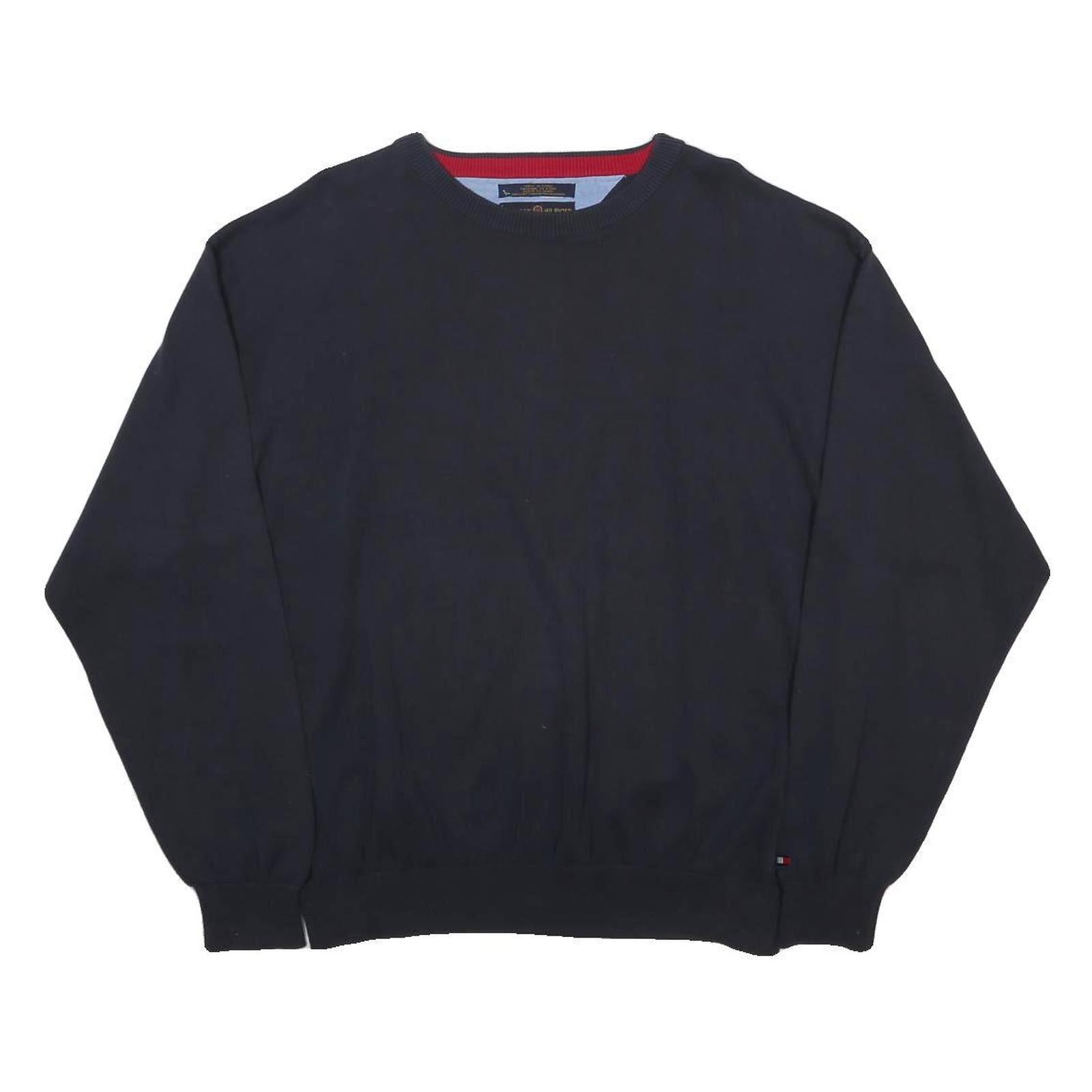 TOMMY HILFIGER Mens Navy Blue Plain Crew Neck Basic Knit Jumper XL Cotton Casual