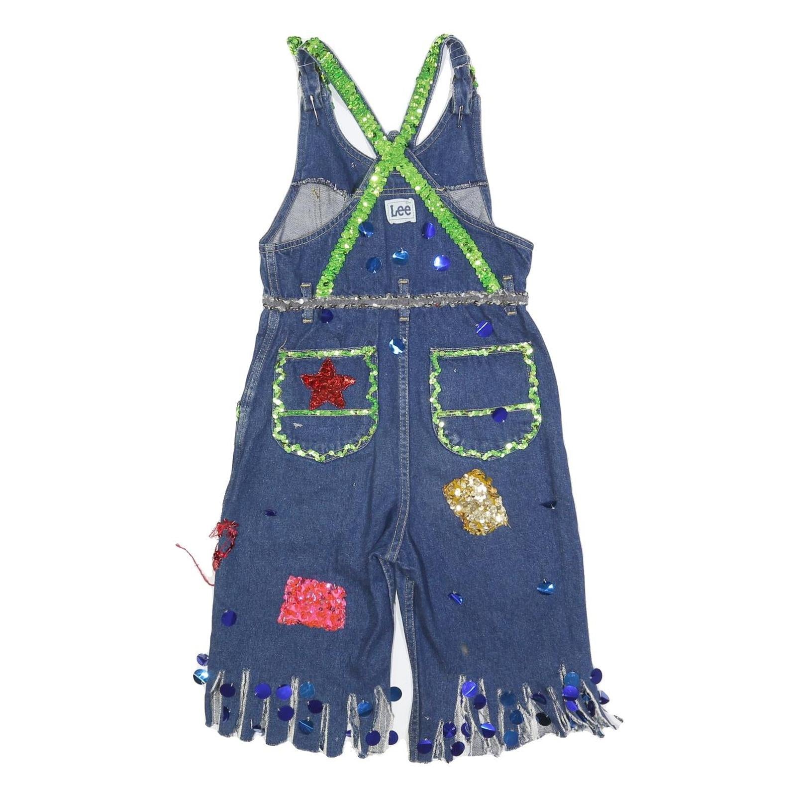 LEE Womens Blue Cotton Blend Denim Dungarees XS W26 L13 Sequinned Patchwork