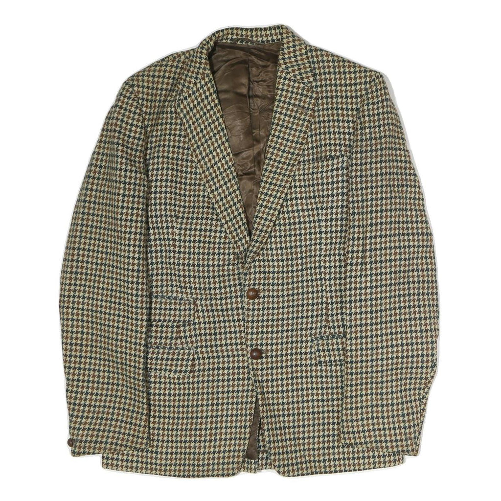 Mens Beige & Brown Houndstooth Classic Jacket L Cotton Button Closure