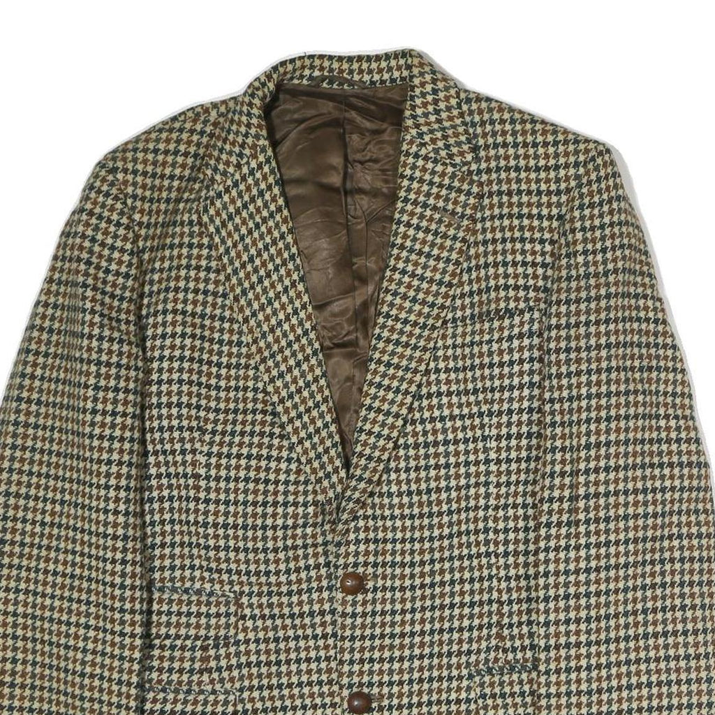 Mens Beige & Brown Houndstooth Classic Jacket L Cotton Button Closure