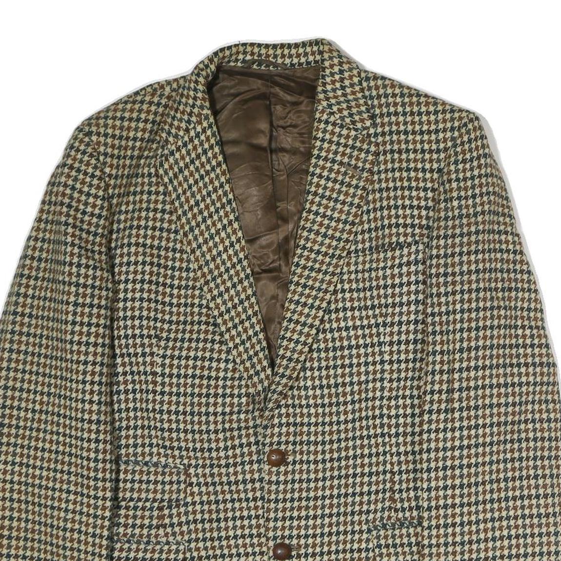 Mens Beige & Brown Houndstooth Classic Jacket L Cotton Button Closure