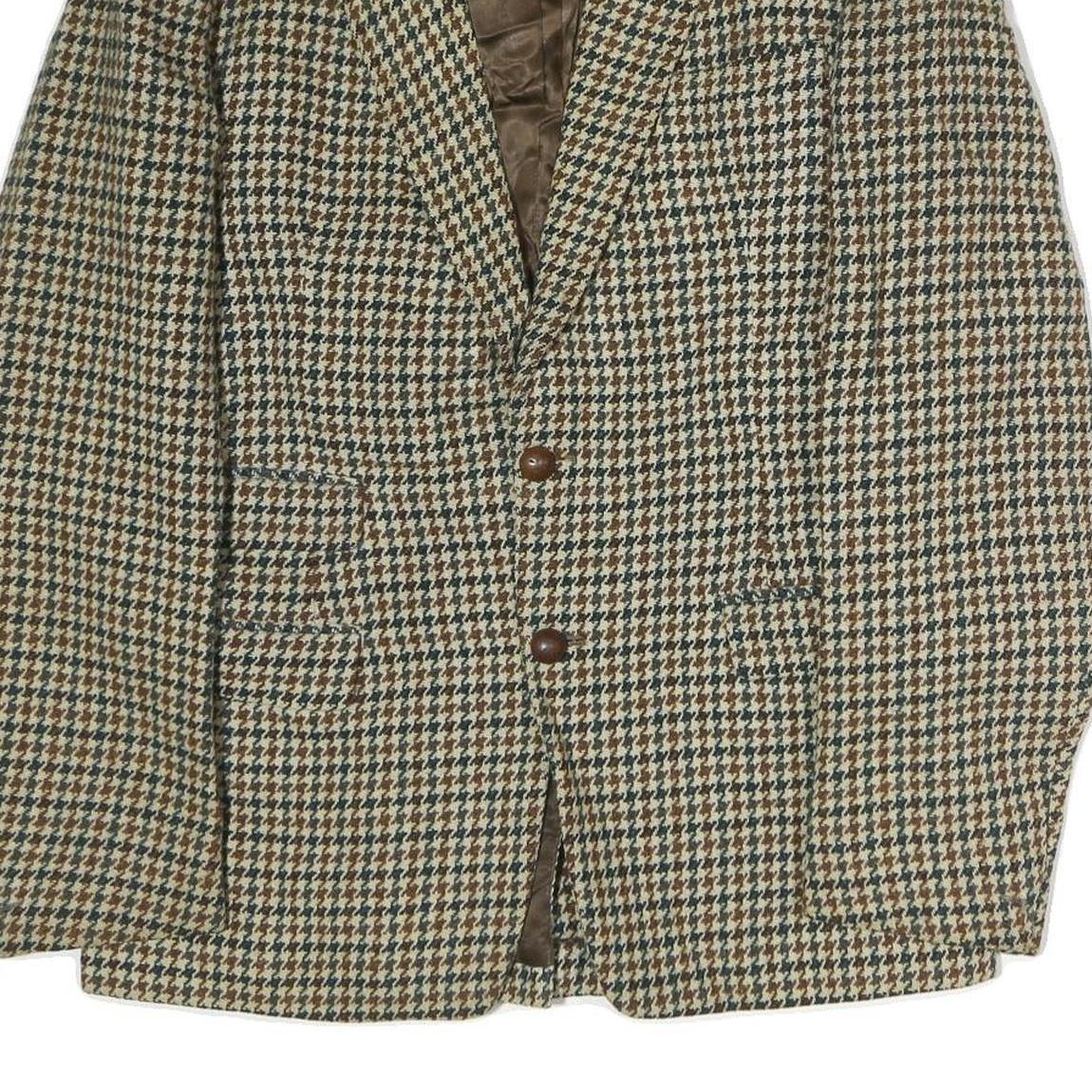 Mens Beige & Brown Houndstooth Classic Jacket L Cotton Button Closure