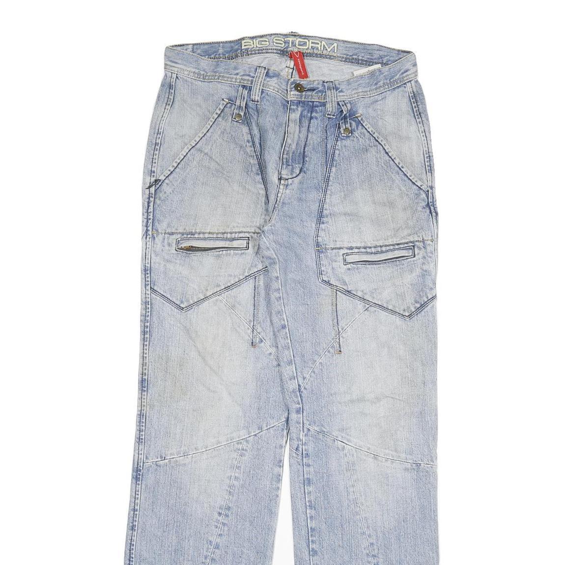 BIG STORM Mens Regular Fit Blue Denim Jeans W32 L34 Cargo Style Zip Closure