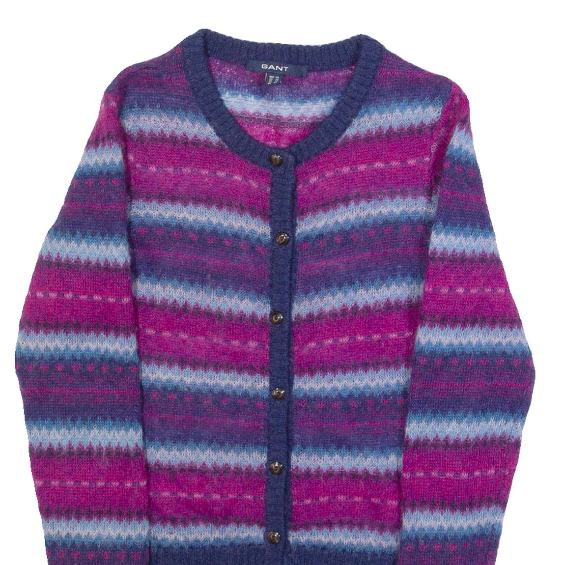 GANT Womens Patterned Cardigan Purple Crazy Pattern Button Neck Mohair XS