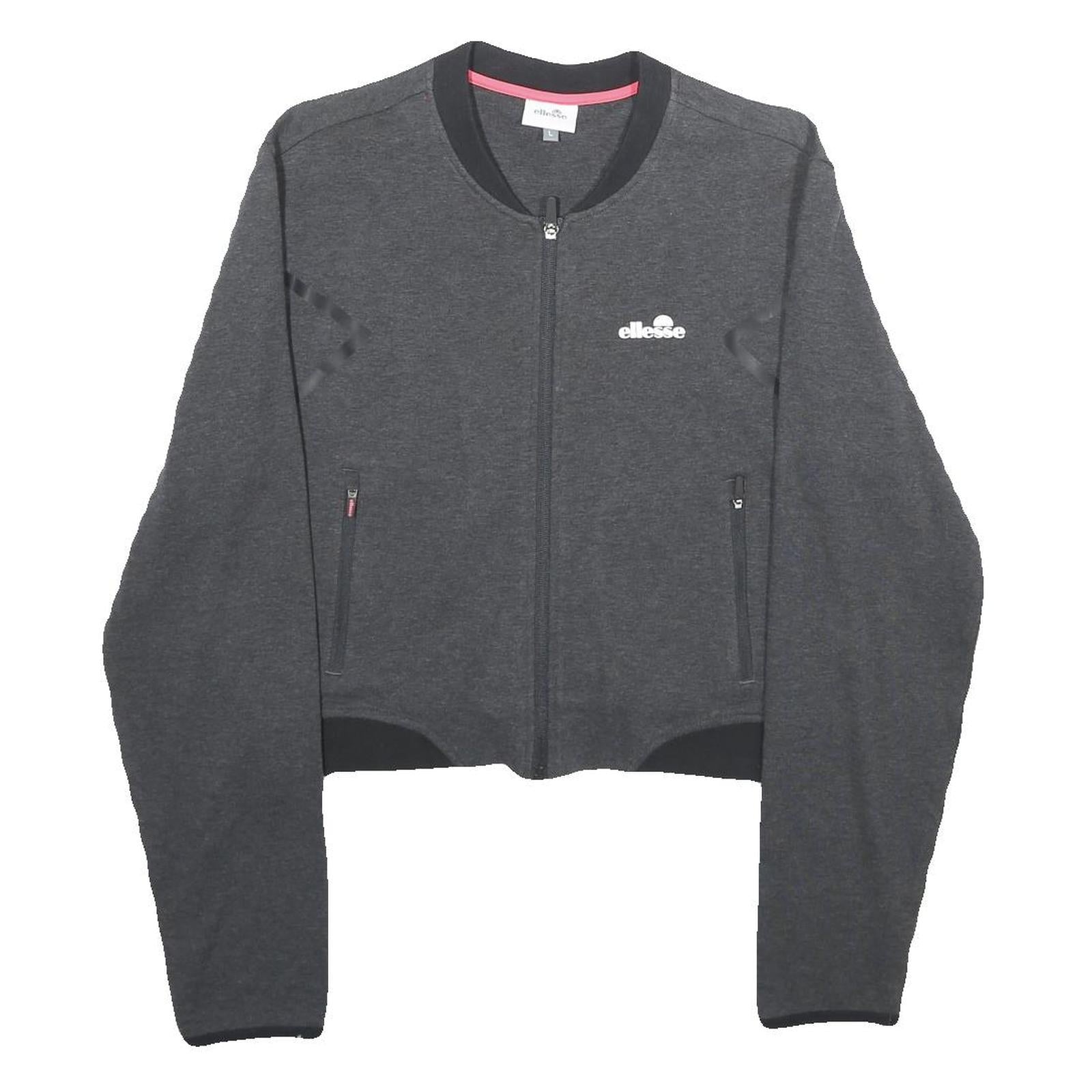 ELLESSE Womens Charcoal Bomber Jacket L Cotton Blend Plain Zip Casual Sportswear