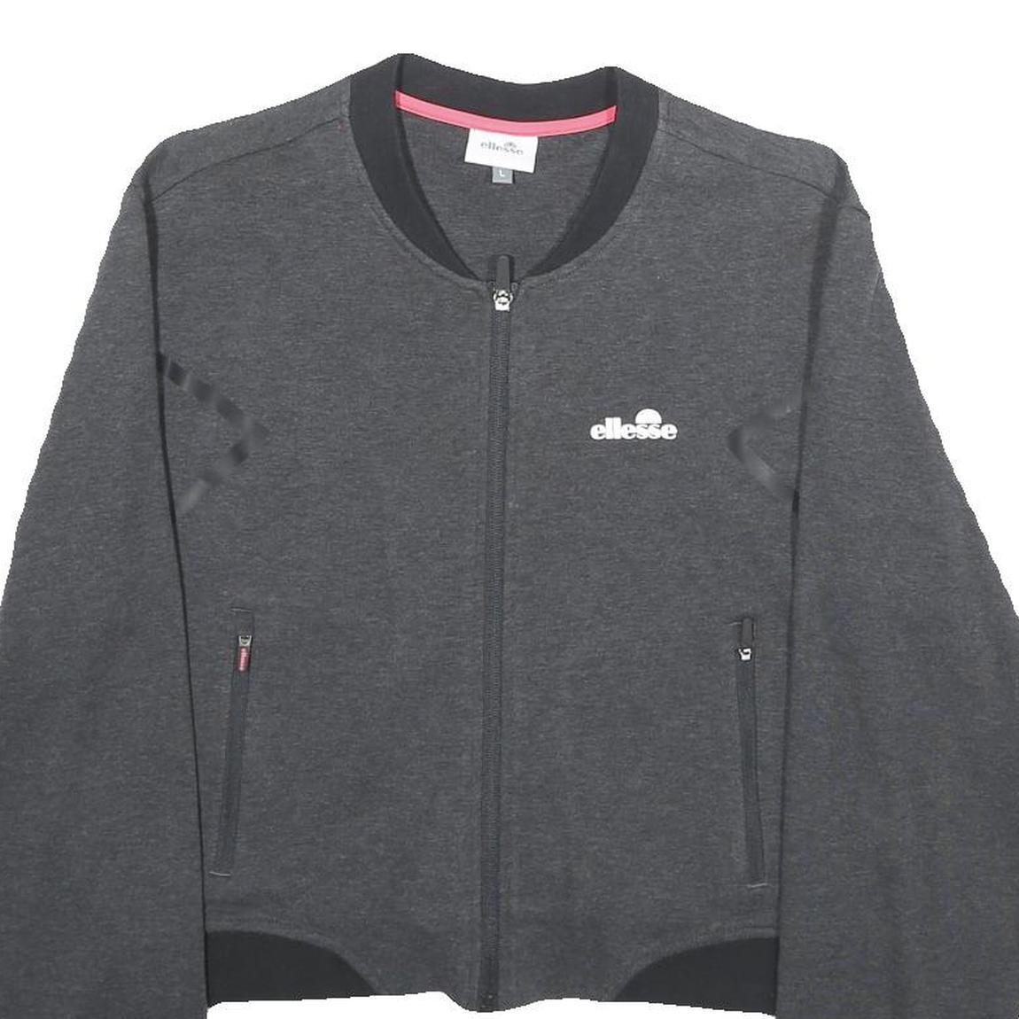 ELLESSE Womens Charcoal Bomber Jacket L Cotton Blend Plain Zip Casual Sportswear