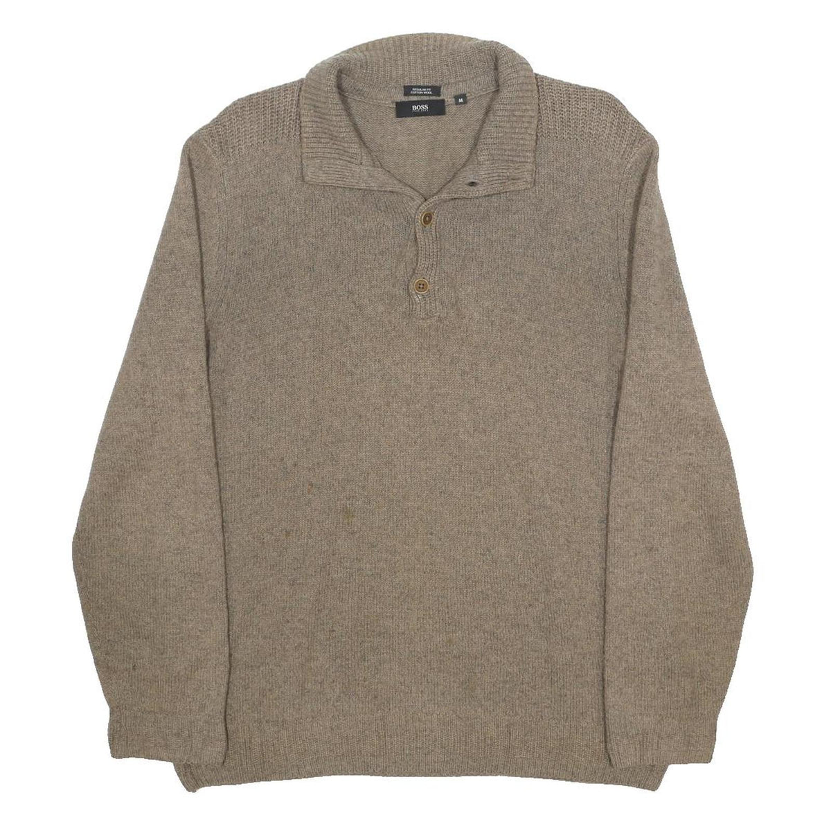 BOSS HUGO BOSS Mens Beige Button Up Plain Wool Blend Jumper M Shawl Collar
