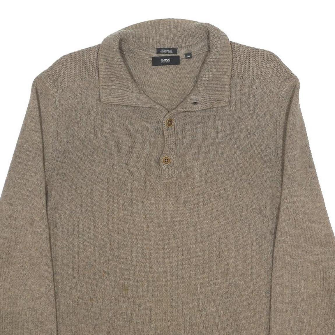 BOSS HUGO BOSS Mens Beige Button Up Plain Wool Blend Jumper M Shawl Collar
