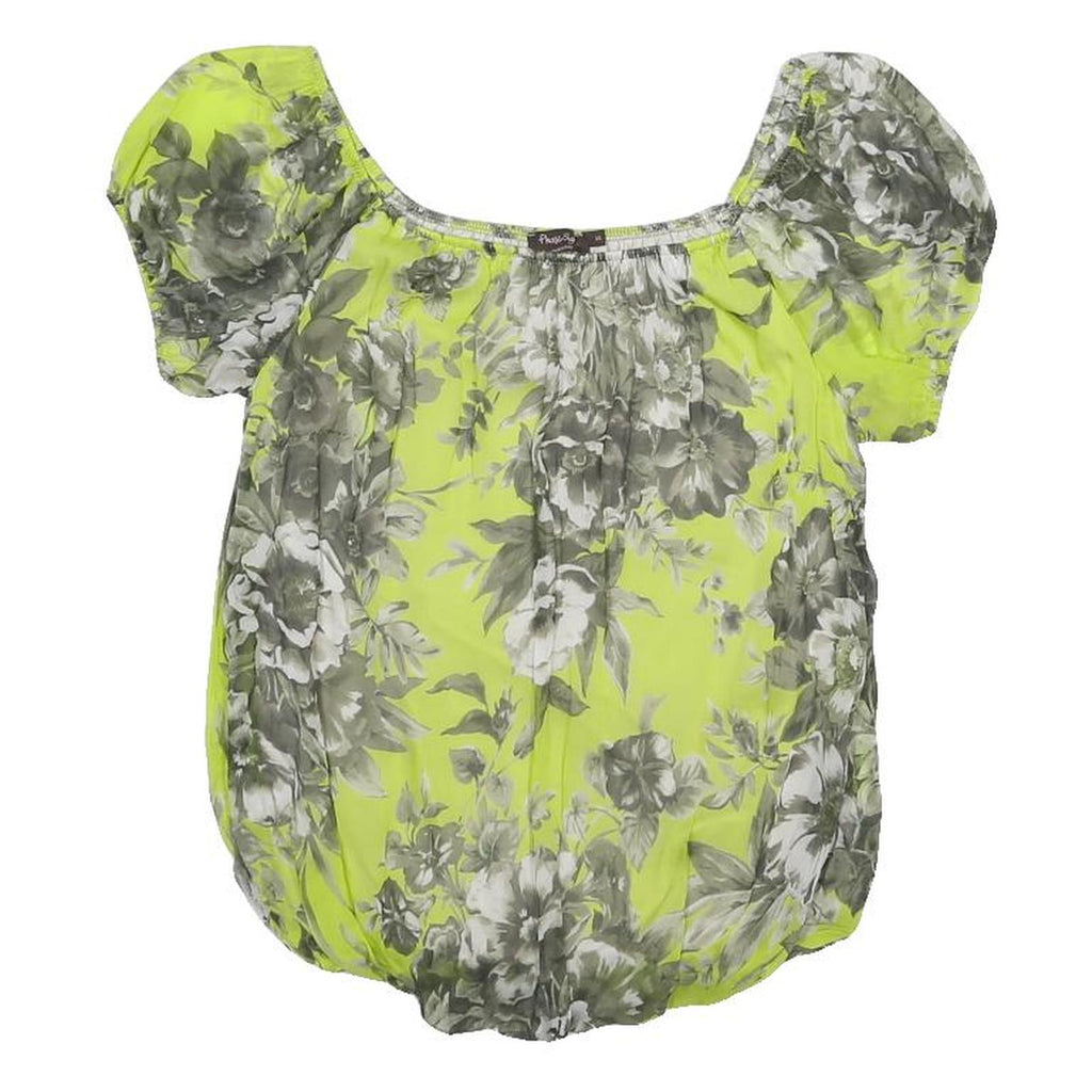 PHASE EIGHT Womens Yellow & Grey Floral Blouse Short Sleeve Round Neck S Silk