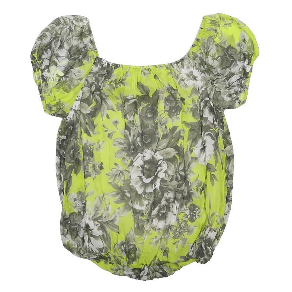 PHASE EIGHT Womens Yellow & Grey Floral Blouse Short Sleeve Round Neck S Silk