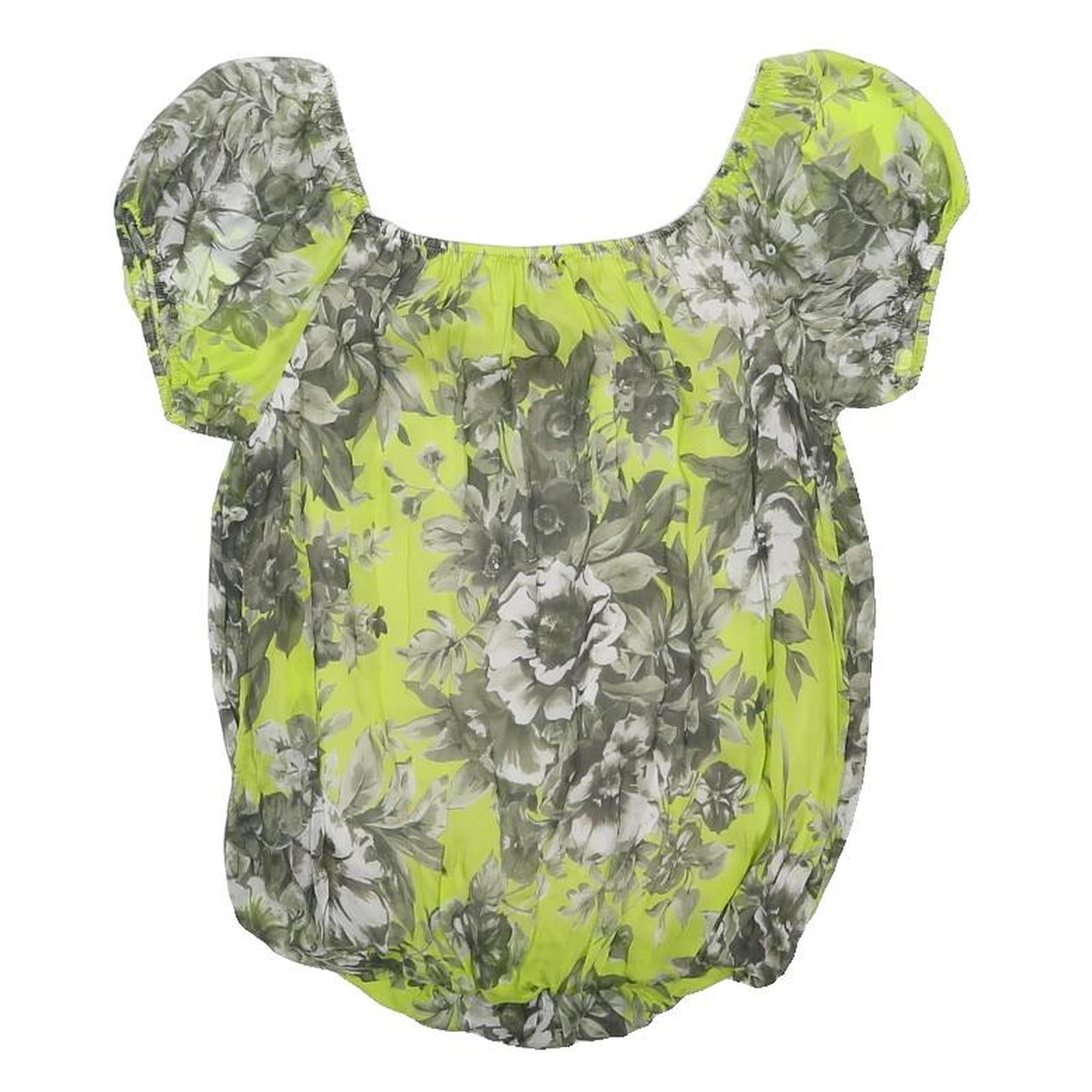 PHASE EIGHT Womens Yellow & Grey Floral Blouse Short Sleeve Round Neck S Silk