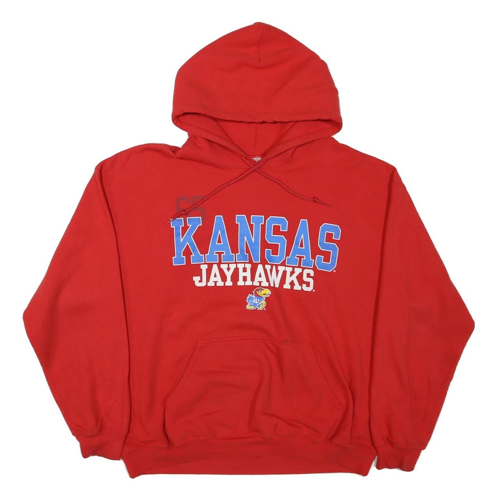 GILDAN Mens Red Kansas Jayhawks Hoodie L Cotton Blend Casual Hooded Sweatshirt