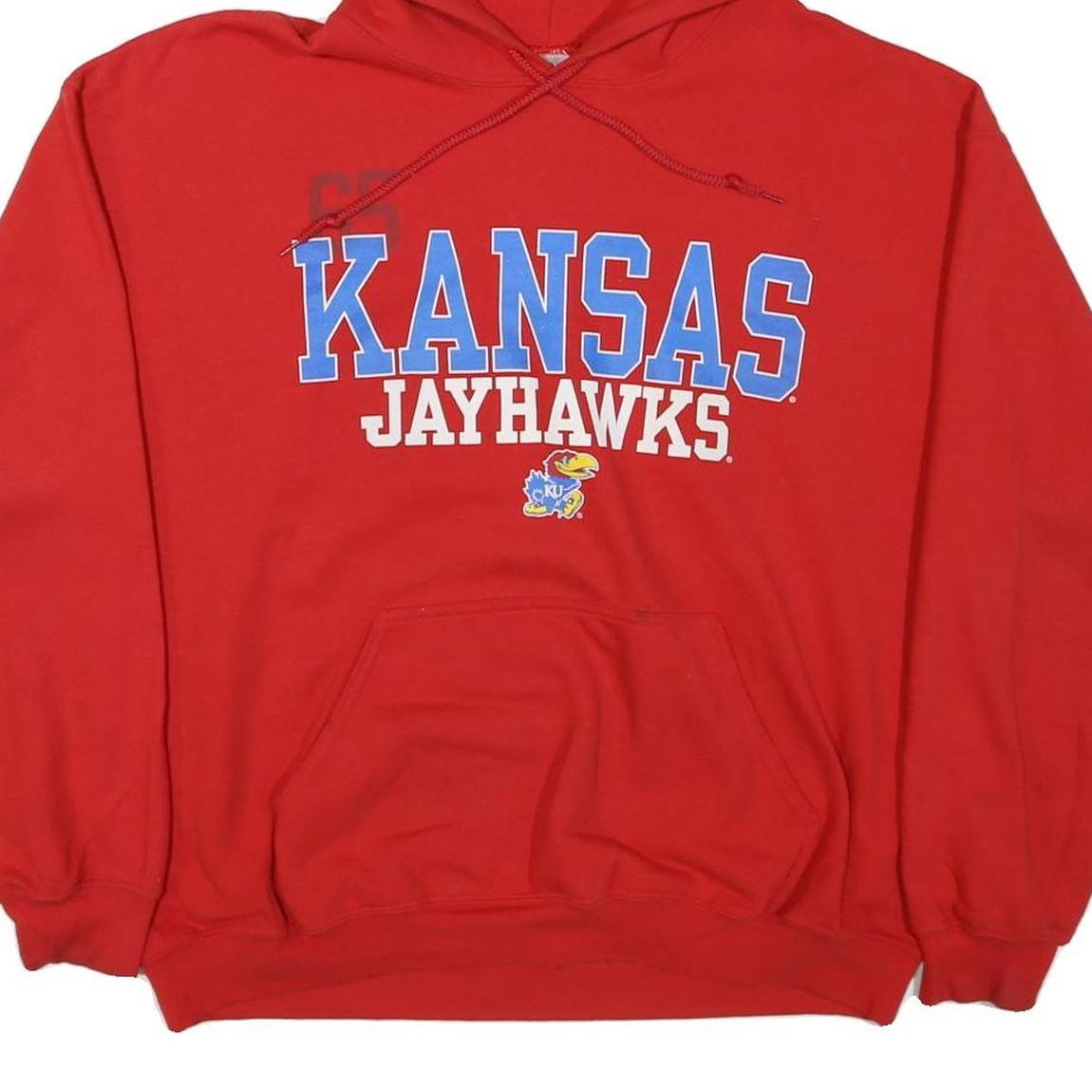 GILDAN Mens Red Kansas Jayhawks Hoodie L Cotton Blend Casual Hooded Sweatshirt