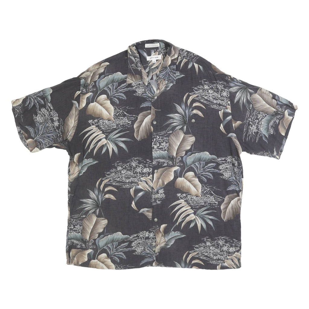 PIERRE CARDIN Mens Black & Taupe Hawaiian Shirt XL Rayon Tropical Print Casual