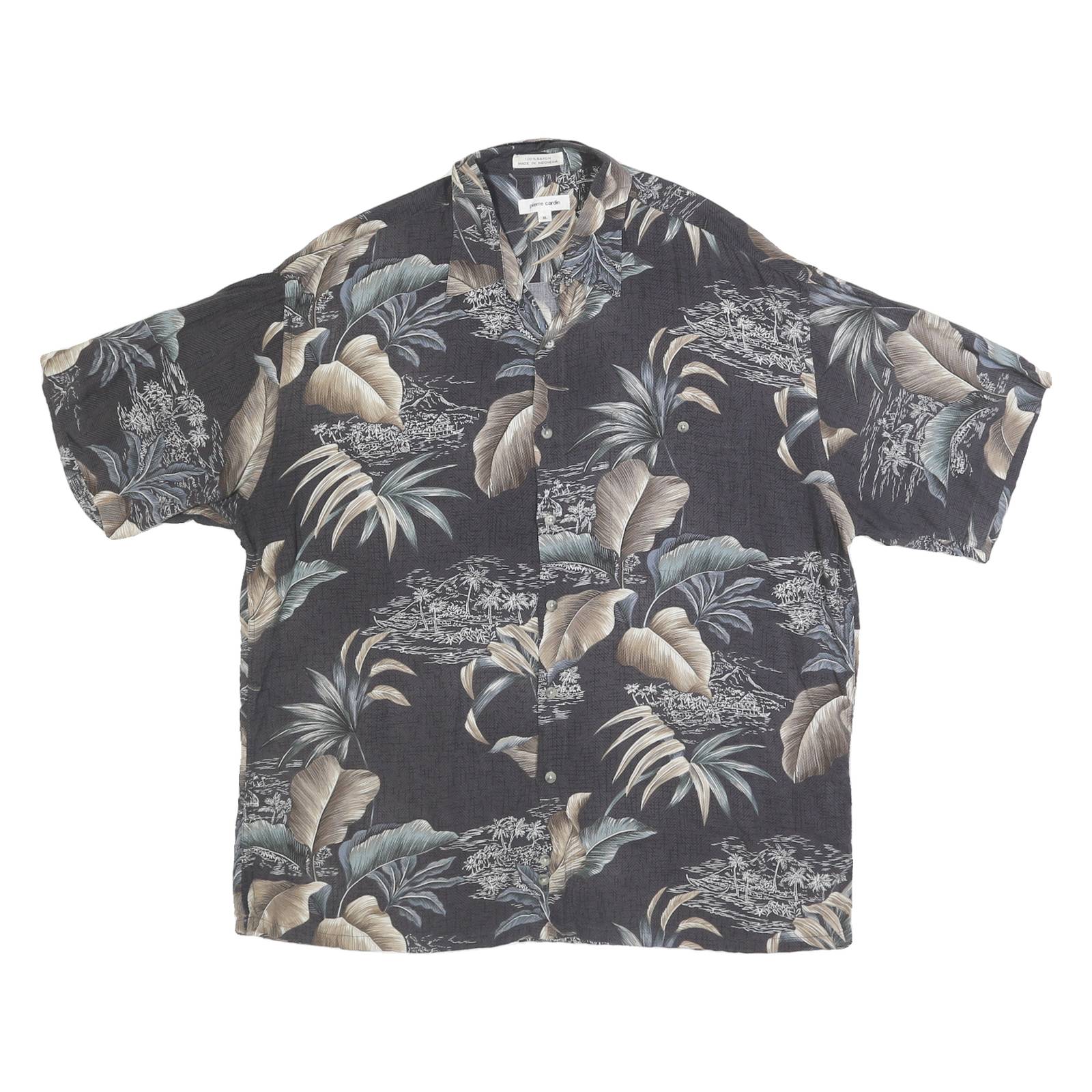 PIERRE CARDIN Mens Black & Taupe Hawaiian Shirt XL Rayon Tropical Print Casual