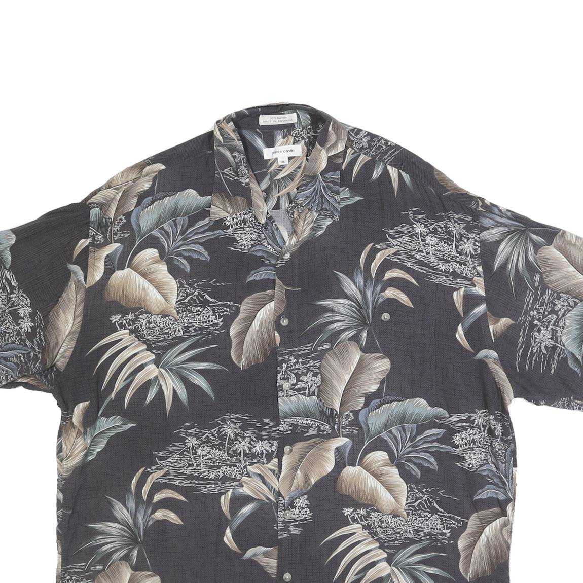 PIERRE CARDIN Mens Black & Taupe Hawaiian Shirt XL Rayon Tropical Print Casual