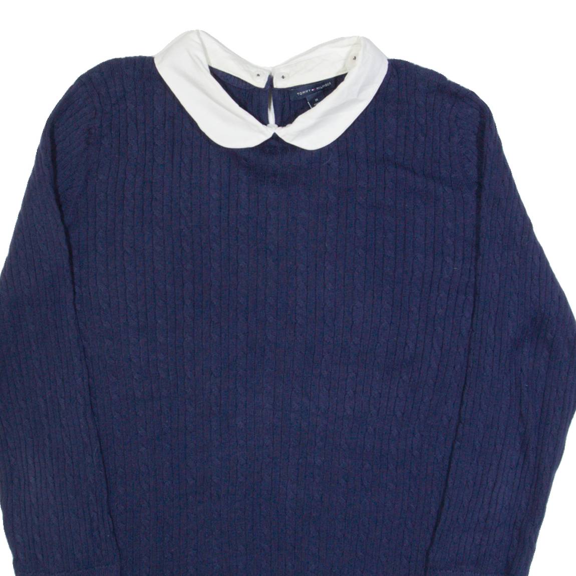 TOMMY HILFIGER Womens Jumper Blue Collared Cable Knit M