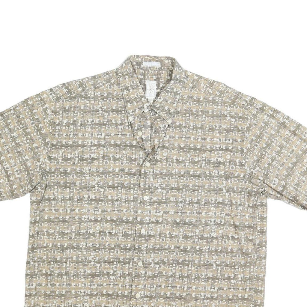 BURMA BIBAS Mens Beige & Grey Patterned Cotton Shirt L Casual Short Sleeve