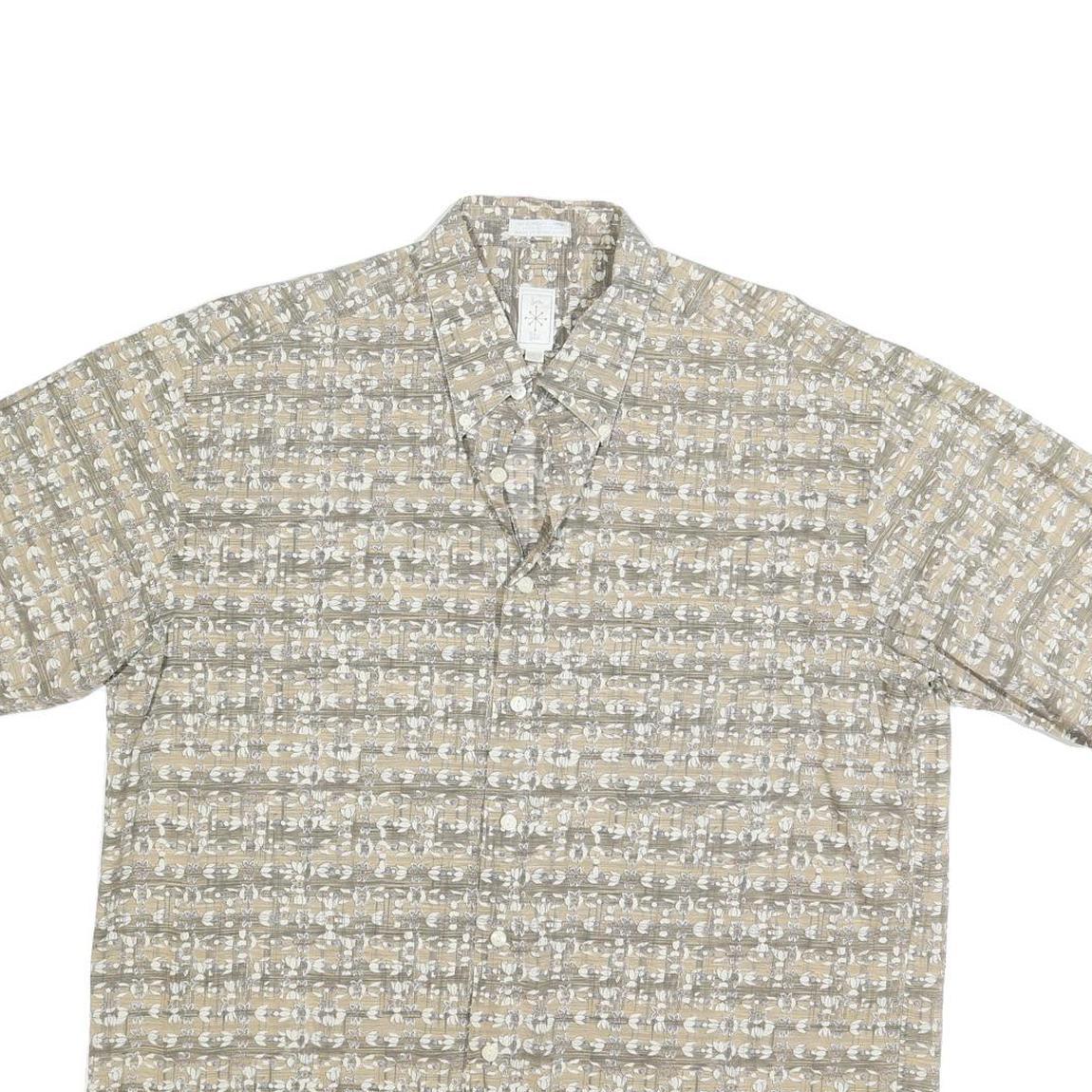 BURMA BIBAS Mens Beige & Grey Patterned Cotton Shirt L Casual Short Sleeve