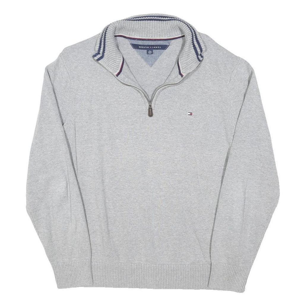 TOMMY HILFIGER Mens Grey Cotton Blend Plain Half Zip Basic Knit Jumper XL Casual