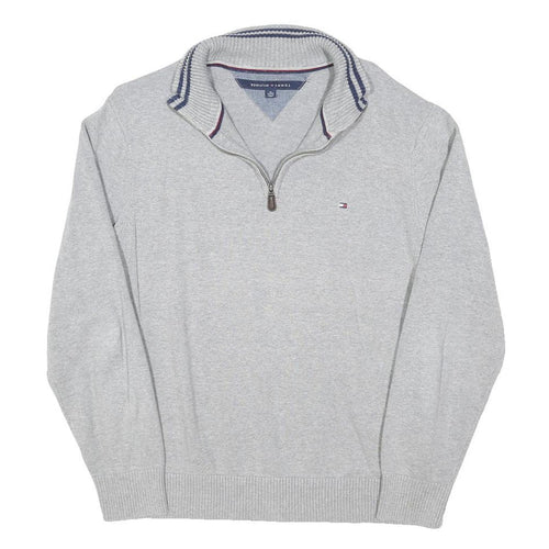 TOMMY HILFIGER Mens Grey Cotton Blend Plain Half Zip Basic Knit Jumper XL Casual