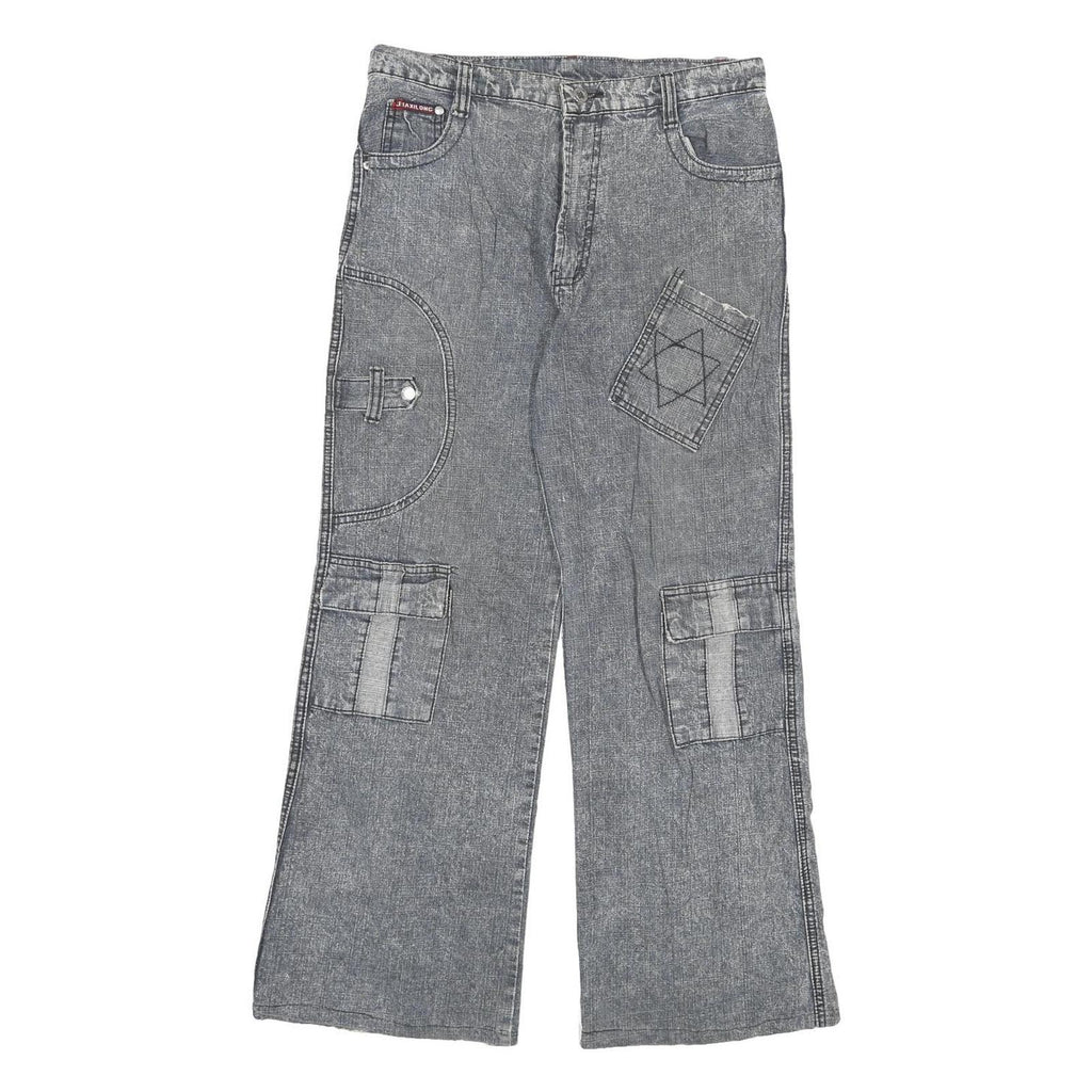 XIALONG Mens Relaxed Cotton Blend Jeans W30 L27 Grey Patchwork Zip Closure