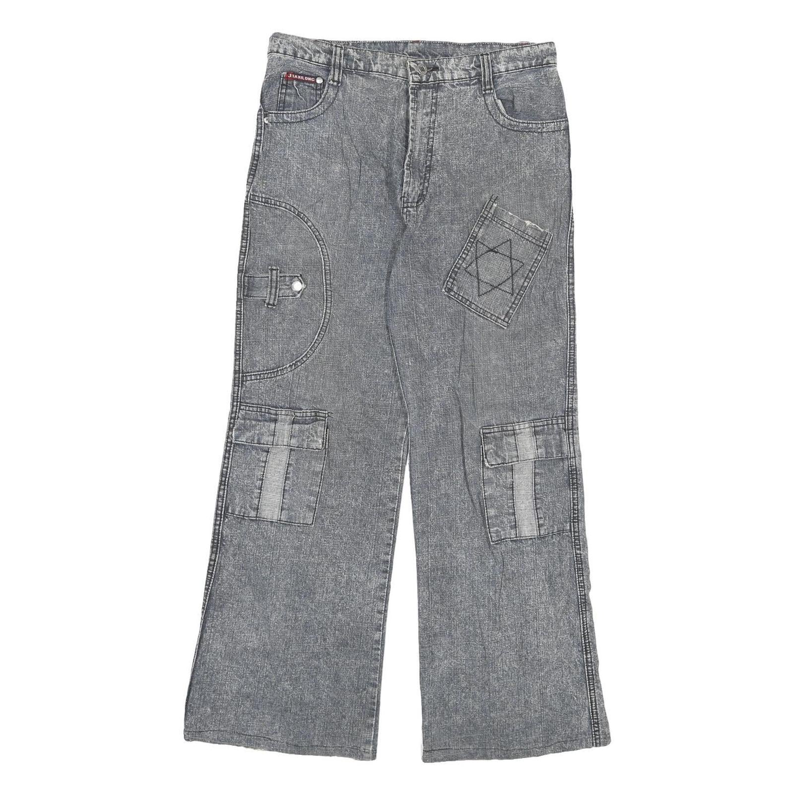 XIALONG Mens Relaxed Cotton Blend Jeans W30 L27 Grey Patchwork Zip Closure