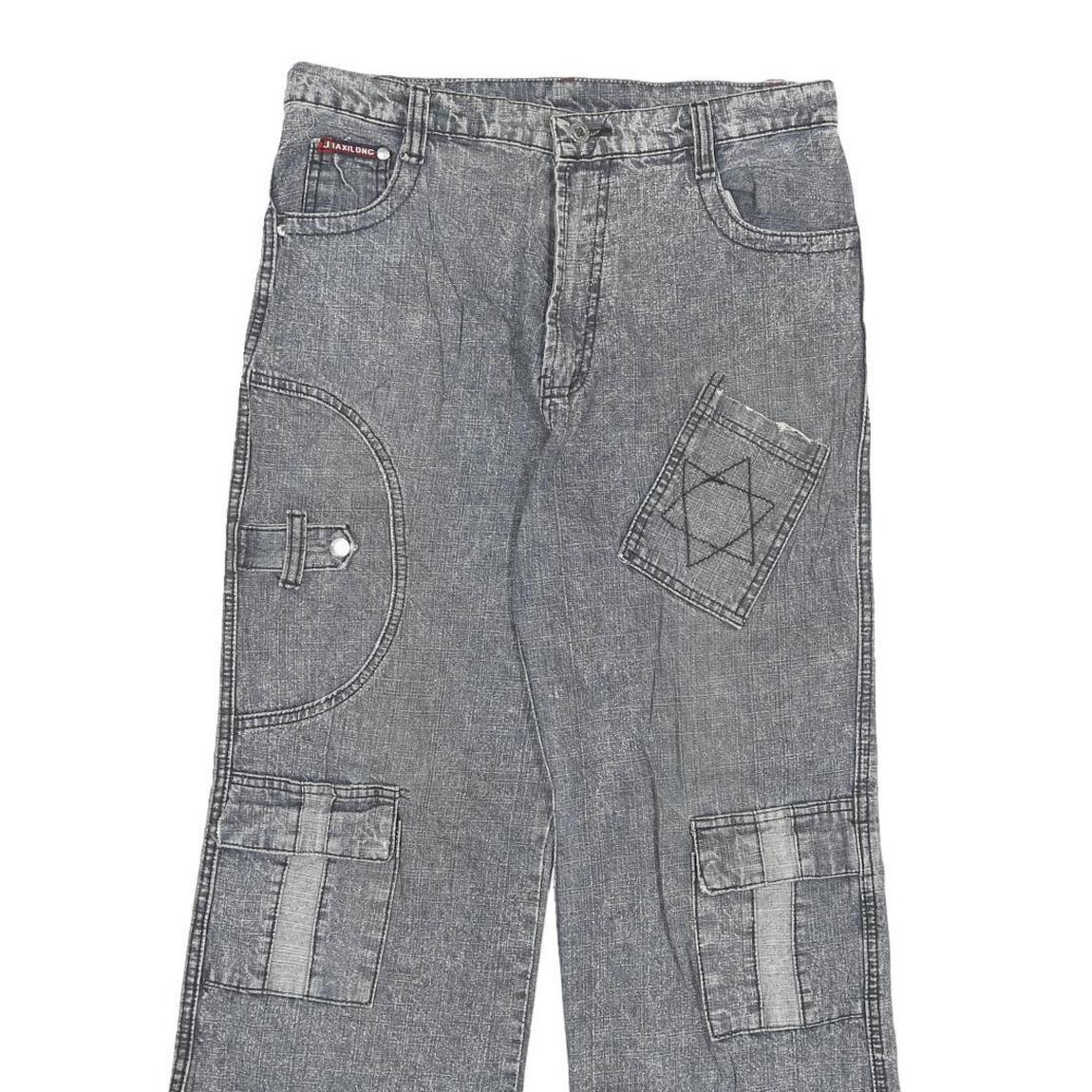 XIALONG Mens Relaxed Cotton Blend Jeans W30 L27 Grey Patchwork Zip Closure