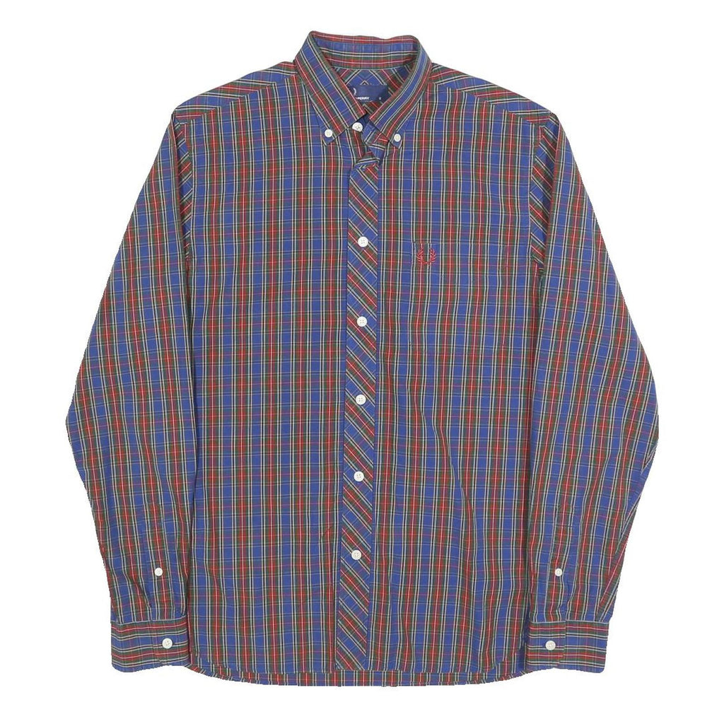 FRED PERRY Mens Blue Red Plaid Shirt S Classic Button-Down Collar Cotton Blend