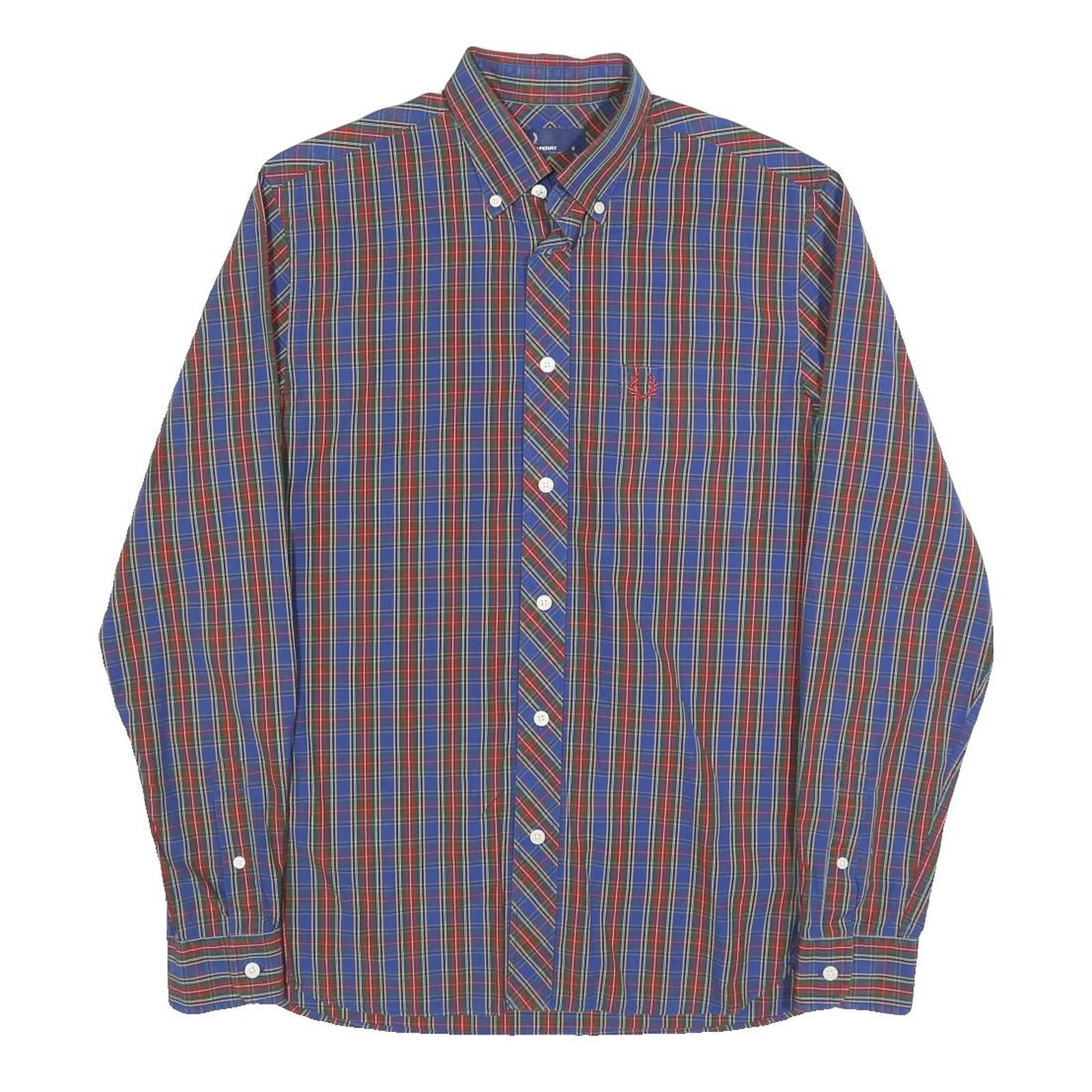 FRED PERRY Mens Blue Red Plaid Shirt S Classic Button-Down Collar Cotton Blend