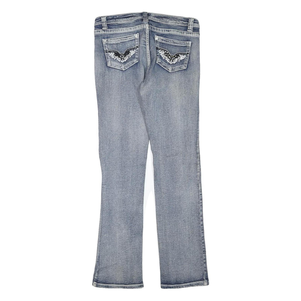 Womens Regular Fit Blue Denim Jeans W32 L32 Embroidered Back Pockets Zip Closure