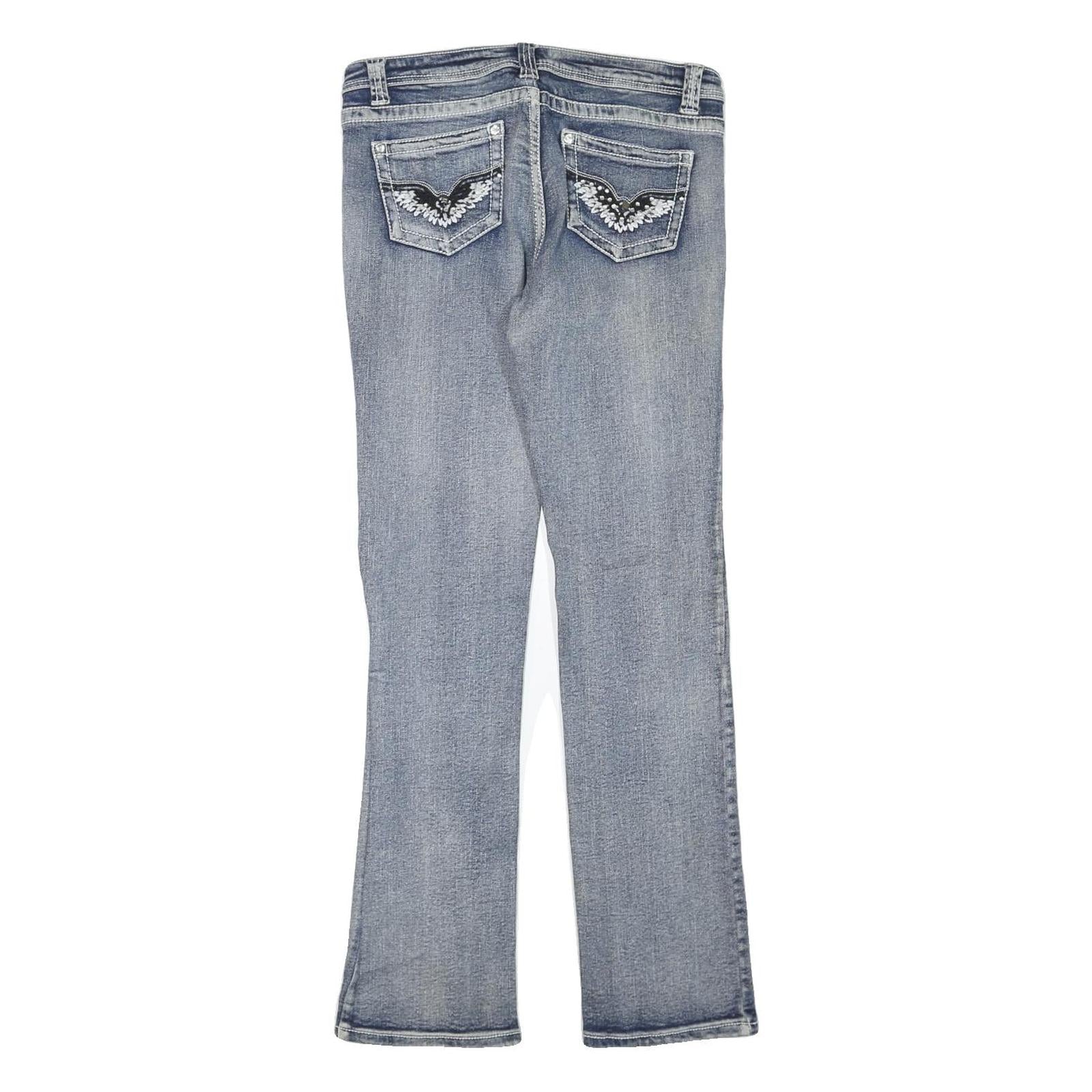 Womens Regular Fit Blue Denim Jeans W32 L32 Embroidered Back Pockets Zip Closure