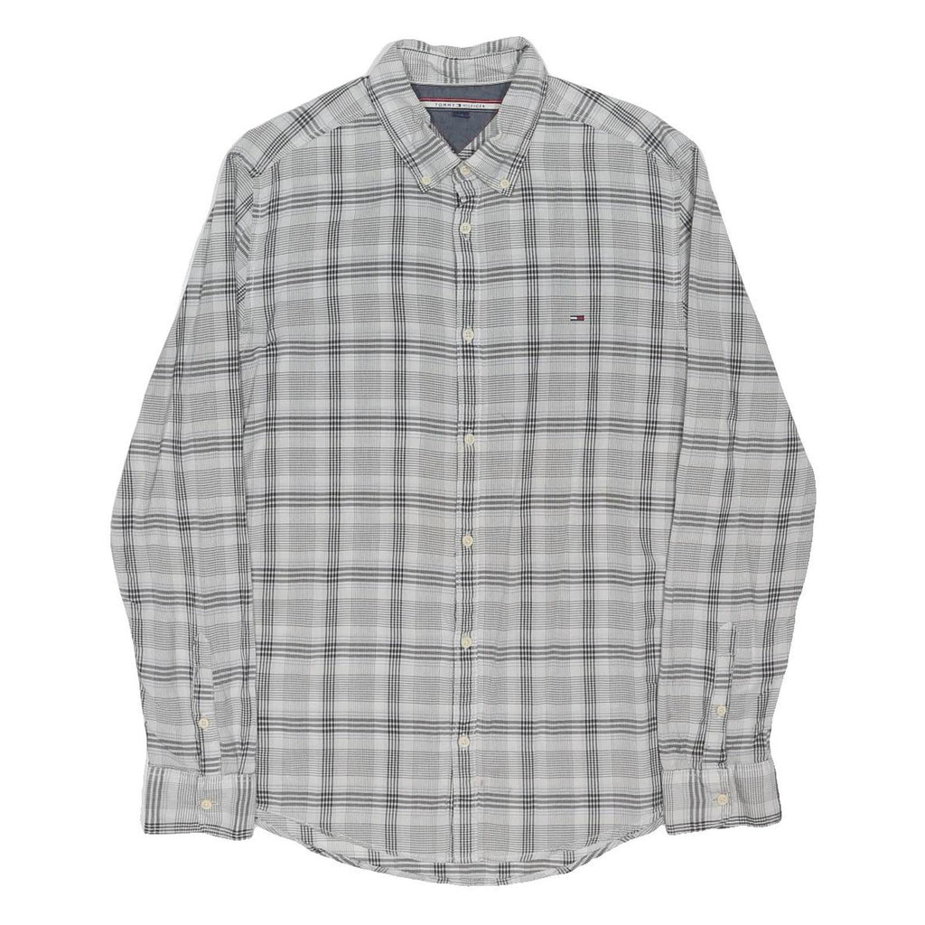 TOMMY HILFIGER Mens White & Grey Check Shirt L Button Down Casual Cotton Blend