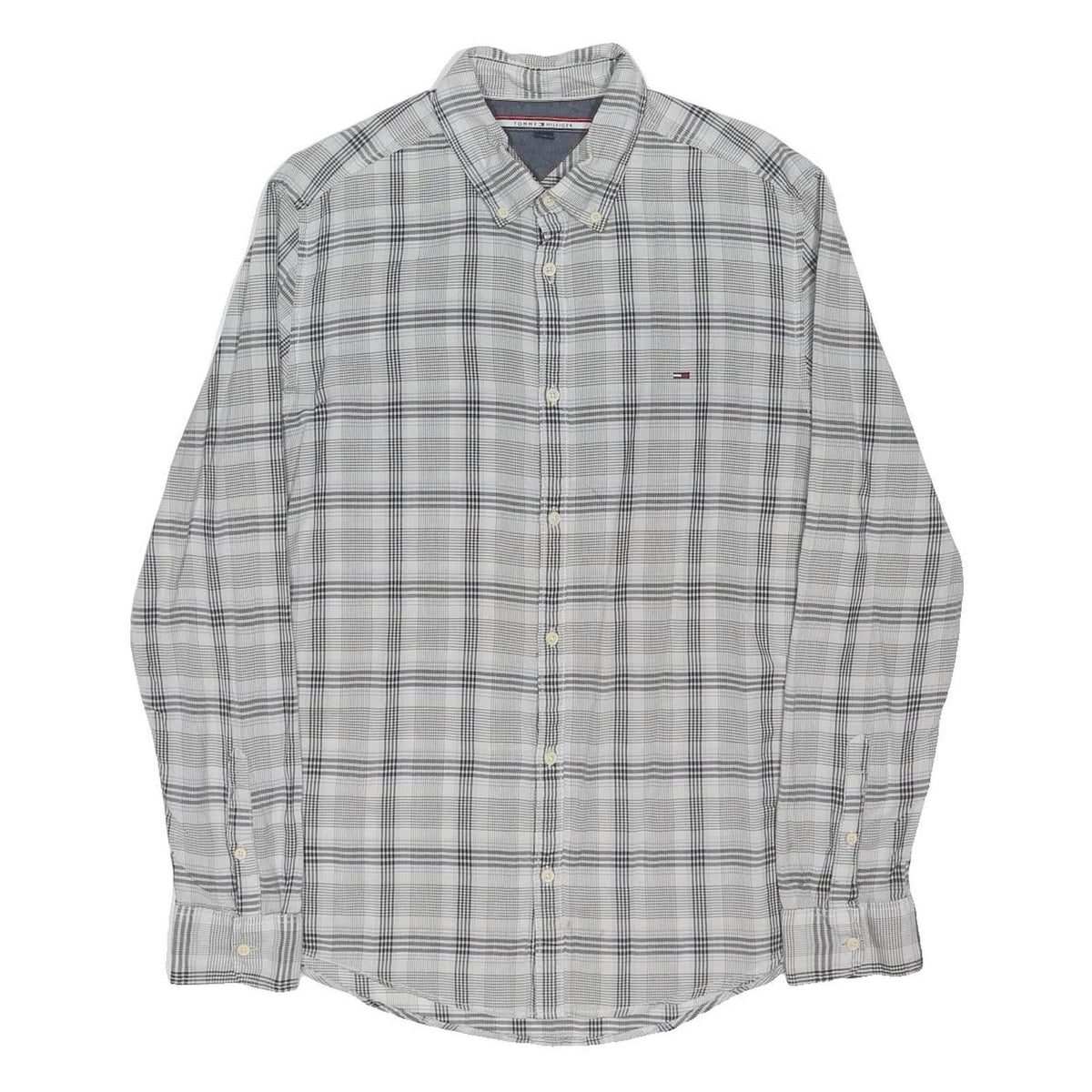 TOMMY HILFIGER Mens White & Grey Check Shirt L Button Down Casual Cotton Blend