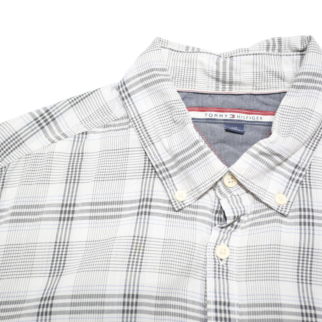TOMMY HILFIGER Mens White & Grey Check Shirt L Button Down Casual Cotton Blend