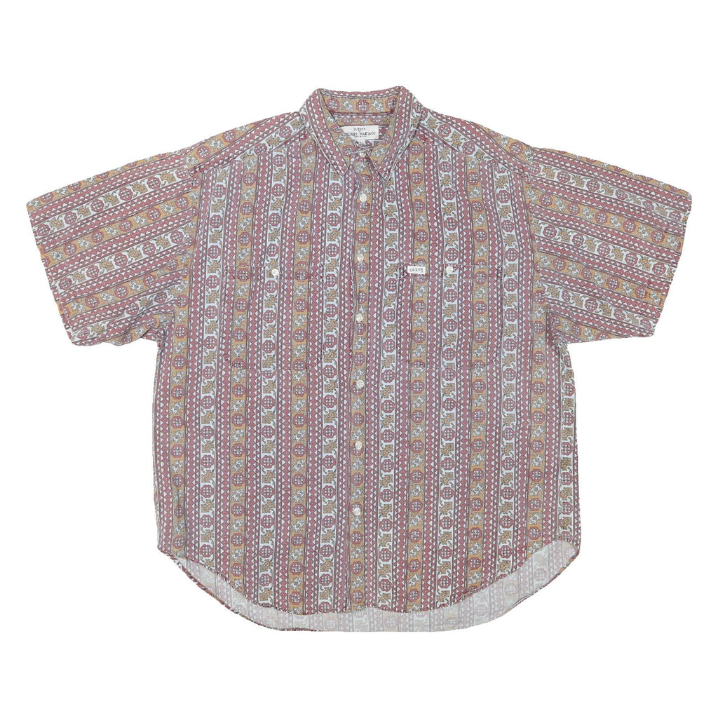 GUESS Mens Red & Brown Patterned Short Sleeve Shirt L Cotton Blend Summer