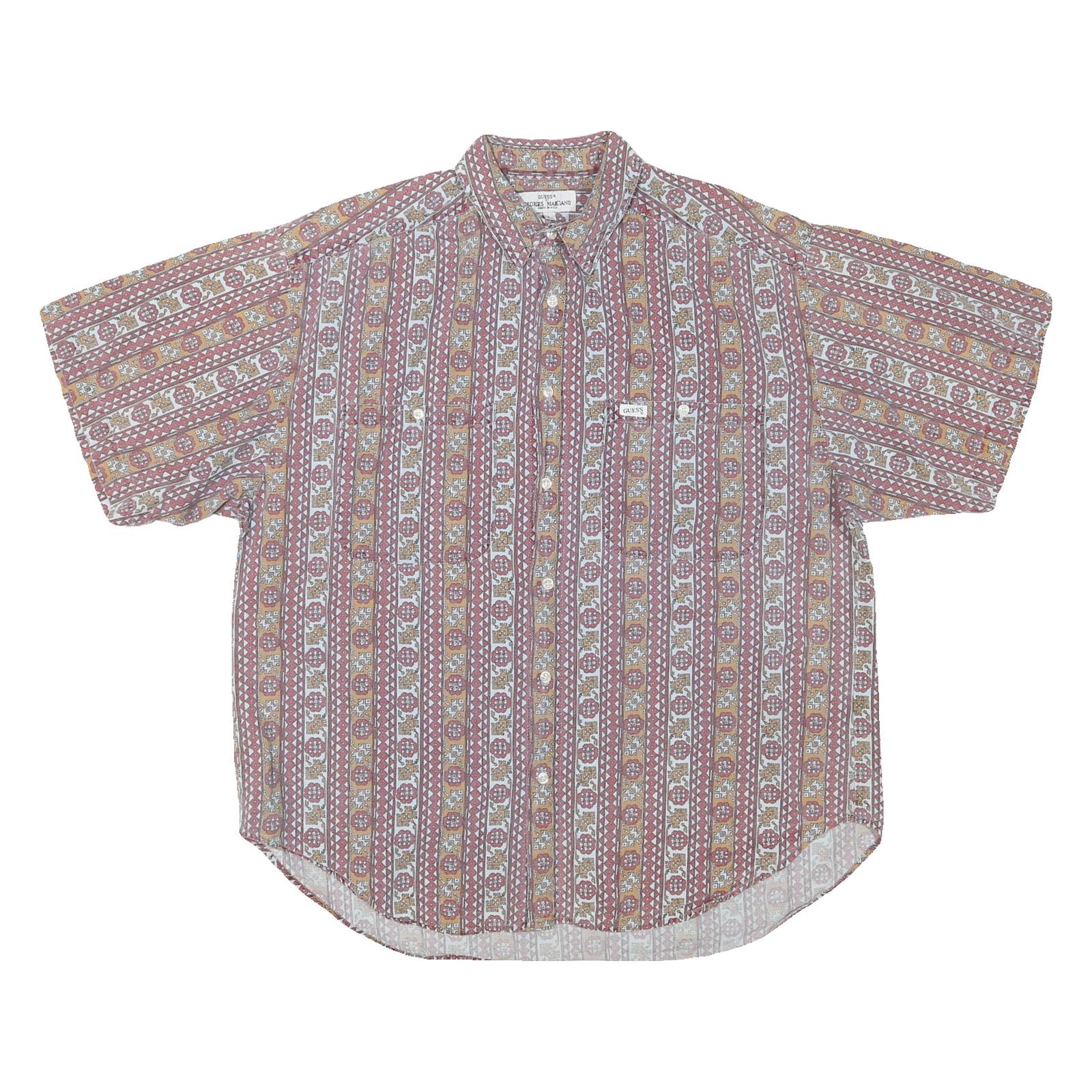 GUESS Mens Red & Brown Patterned Short Sleeve Shirt L Cotton Blend Summer