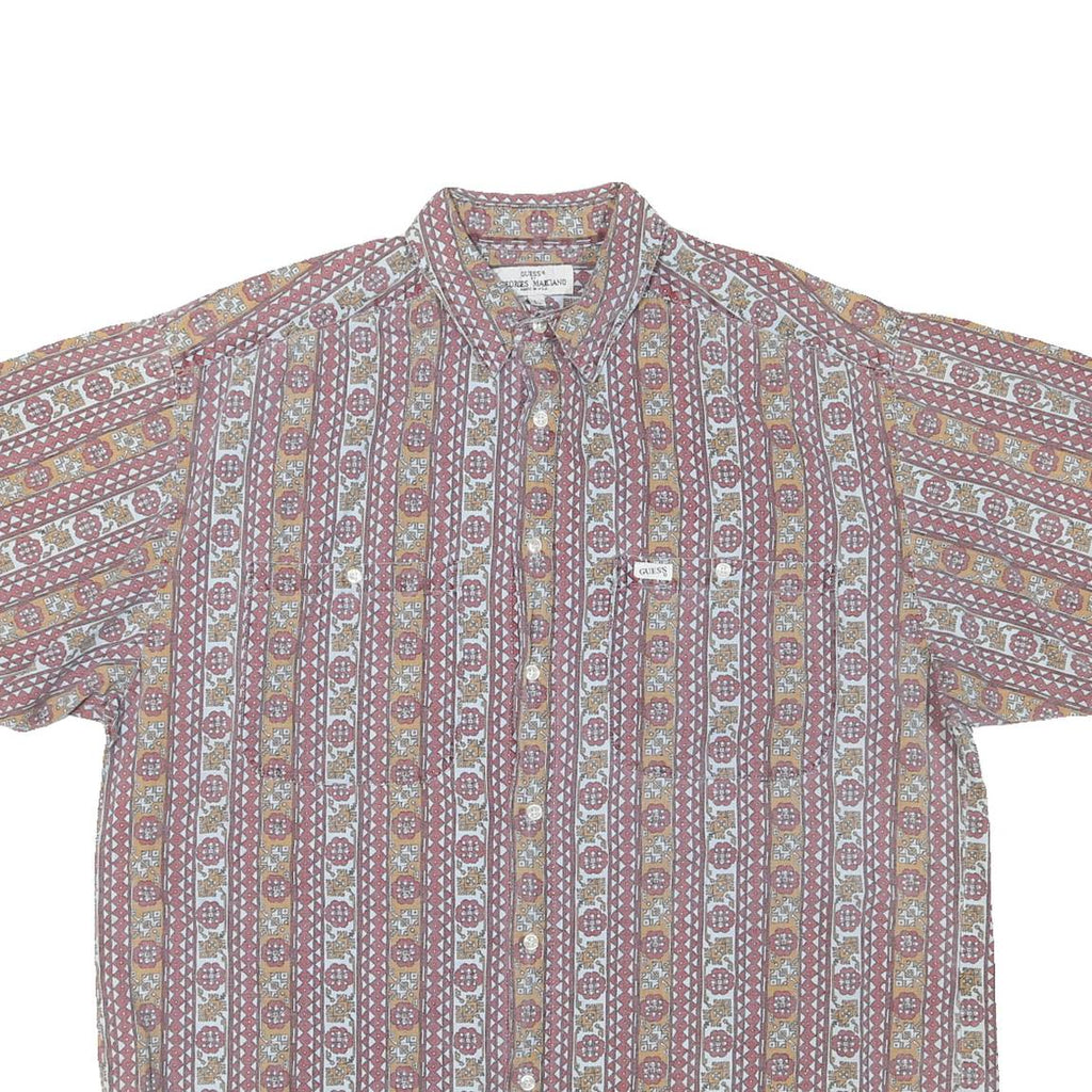 GUESS Mens Red & Brown Patterned Short Sleeve Shirt L Cotton Blend Summer