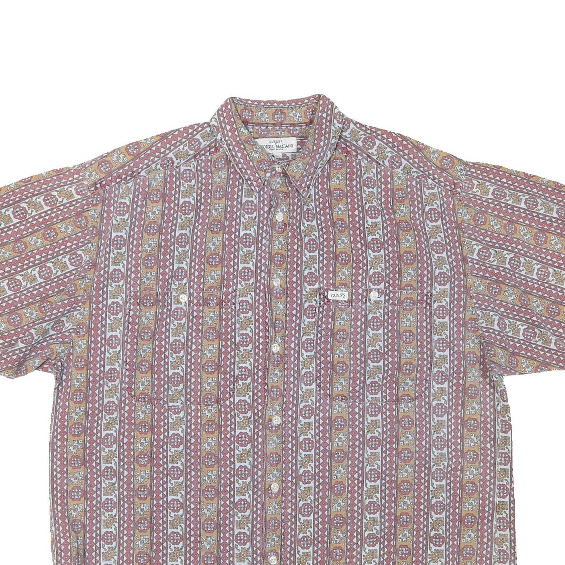 GUESS Mens Red & Brown Patterned Short Sleeve Shirt L Cotton Blend Summer