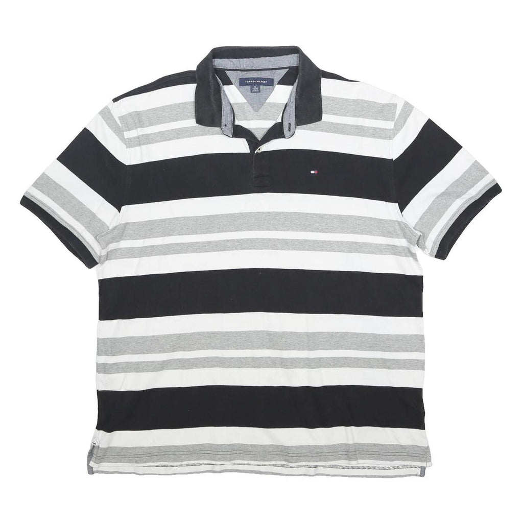 TOMMY HILFIGER Mens Black & Grey Striped Cotton Polo Shirt XL Button Collar