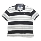 TOMMY HILFIGER Mens Black & Grey Striped Cotton Polo Shirt XL Button Collar