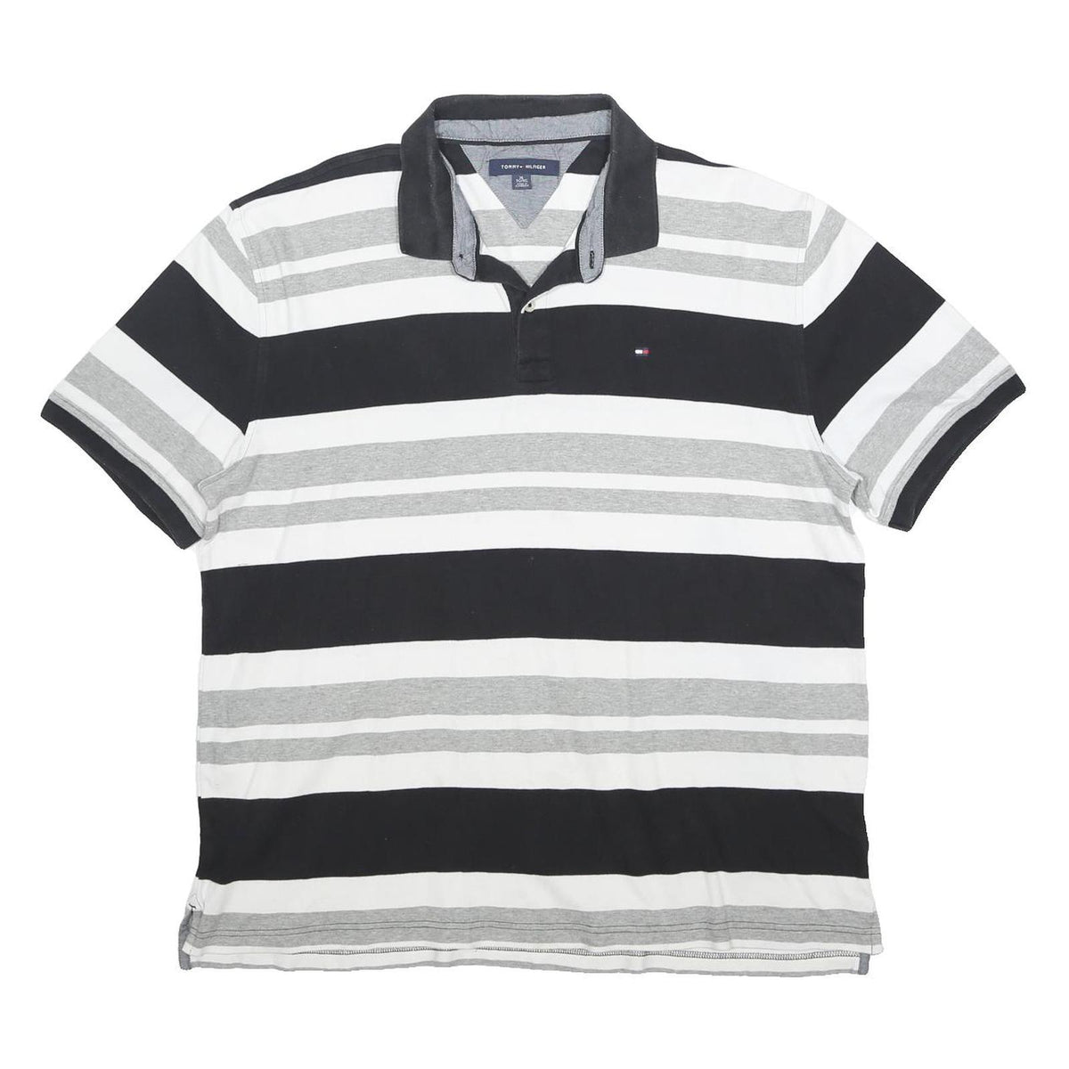 TOMMY HILFIGER Mens Black & Grey Striped Cotton Polo Shirt XL Button Collar