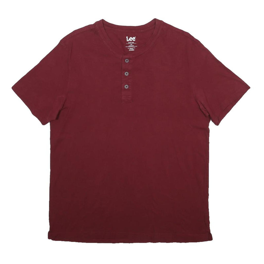 LEE Mens Maroon Henley Style T-Shirt L Short Sleeve Round Neck Cotton Blend