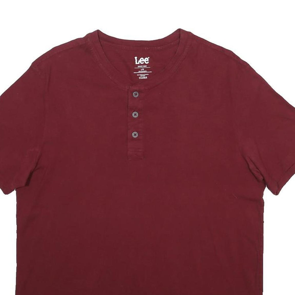 LEE Mens Maroon Henley Style T-Shirt L Short Sleeve Round Neck Cotton Blend