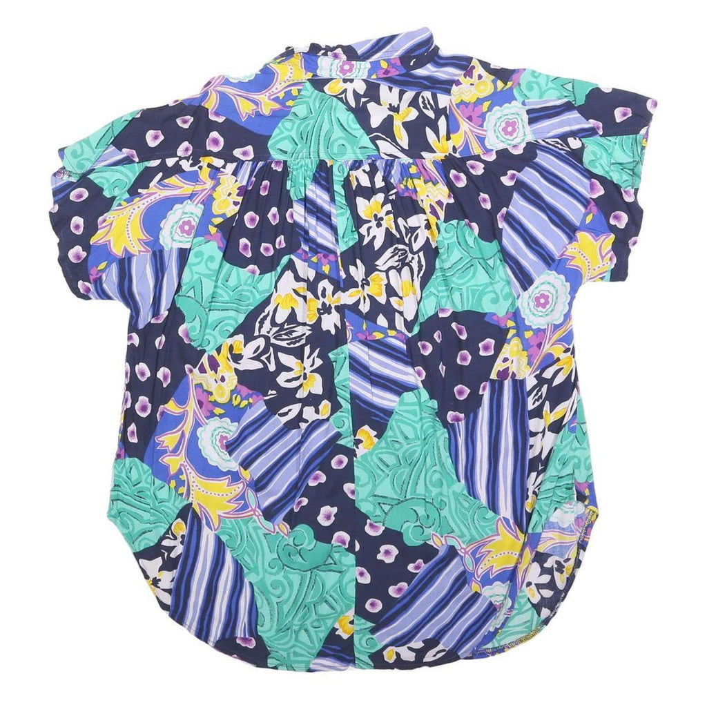 Womens Blue Green Yellow Patchwork Printed Button Short Sleeve Shirt L Relaxed