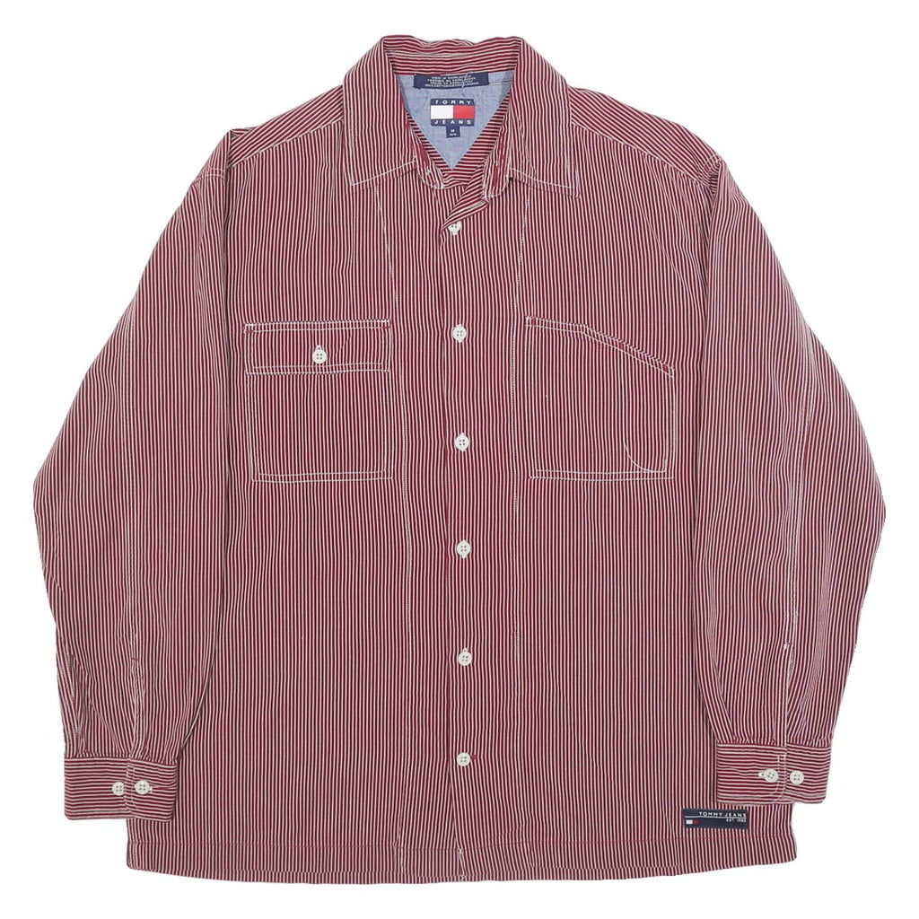 TOMMY HILFIGER Mens Red & White Striped Cotton Shirt M Casual Button Down